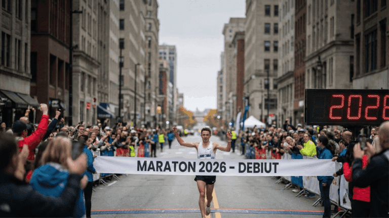 Biegacz przekraczający linię mety maratonu, grafika tytułowa artykułu o debiucie w maratonie w 2026 roku.